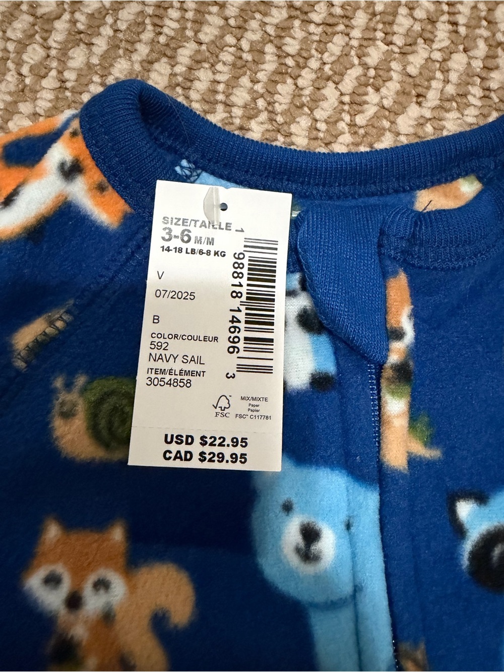 Baby size 3-6M  Navy Blue Animal Print One-Piece Footed Pajamas - Picture 2 of 3